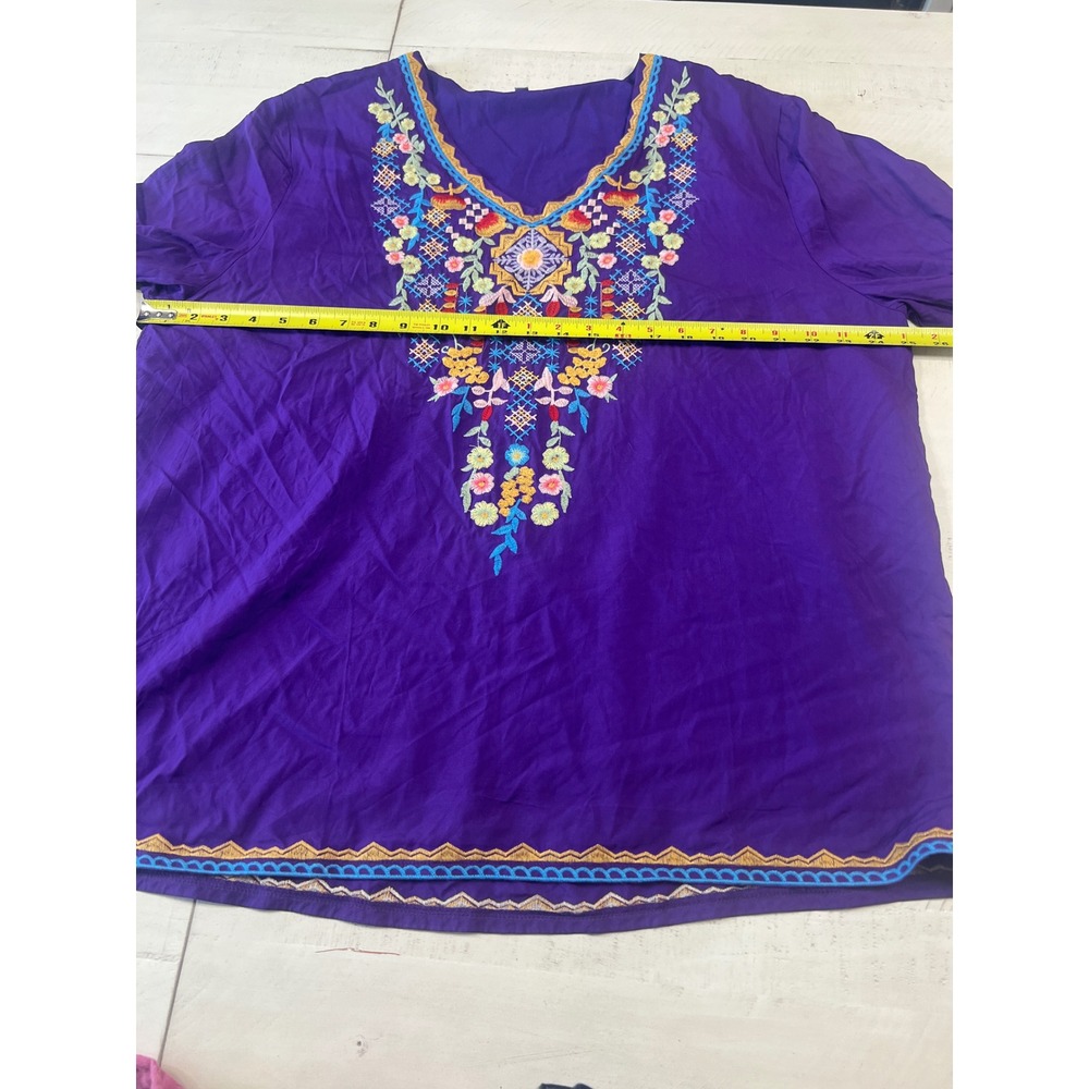 Purple Embroidered Boho Tunic Top V-Neck Floral 3/4 Sleeve Blouse Plus Size 2XL - Picture 4 of 7
